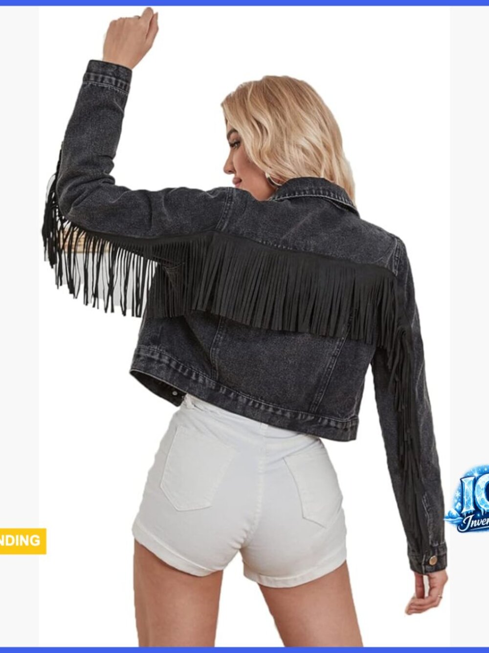 Cropped Denim Jacket with Fringe Long Sleeve Distressed